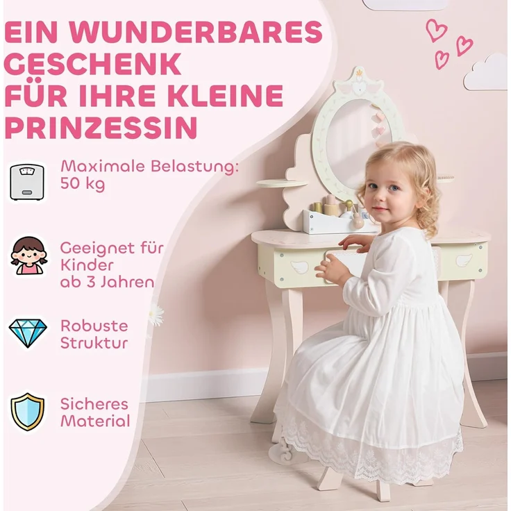 AIYAPLAY Schminktisch mit Hocker, Schublade, abnehmbar Spiegel, Regal, 7 Spielzubehörteilen (Frisiertisch, 2-St, 2-in-1-Kosmetiktisch), für Kinder ab 3 Jahre, Rosa – Bild 8
