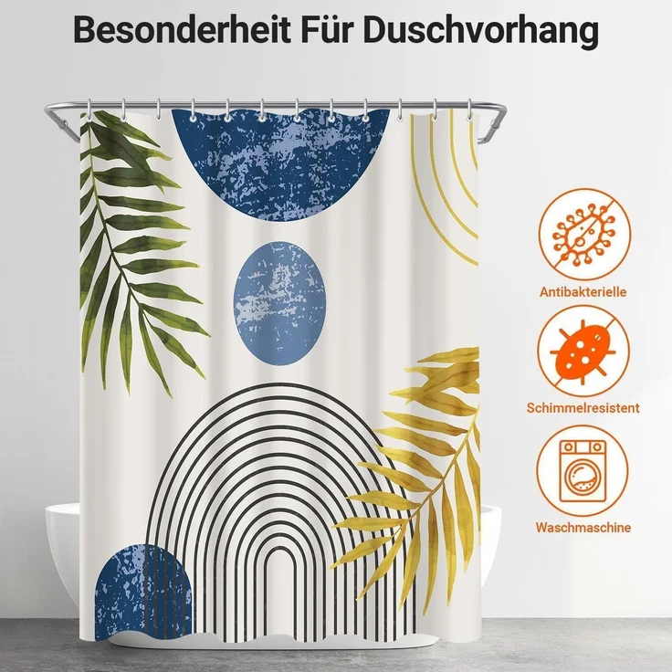 Duschvorhang 180x200 Polyester Blau Goldene Blätter Linie 180 x 200 cm – Bild 7