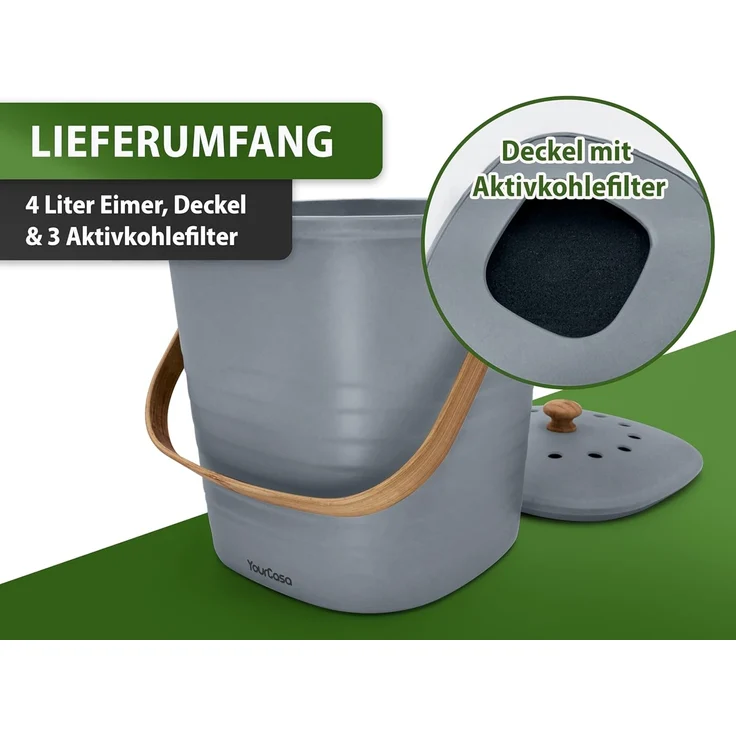 YourCasa Biomülleimer YourCasa® Biomülleimer Küche Klein 4L nachhaltig mit Akivkohlefilter, Fassungsvermögen 4 Liter, Nachhaltige Materialien – Bild 3