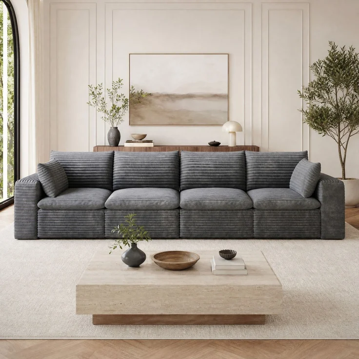 DESVIAE Sofa modular 340x90x60 cm aus Stoff Dunkelgrau mit Schaumstoffpolsterung – Bild 2