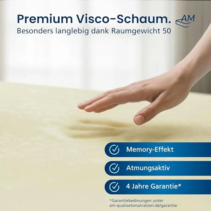 AM Qualitätsmatratzen Viscoschaum Topper 90x200cm, viscoelastische Matratzenauflage aus Memory Foam, druckentlastend, Made in Germany – Bild 4