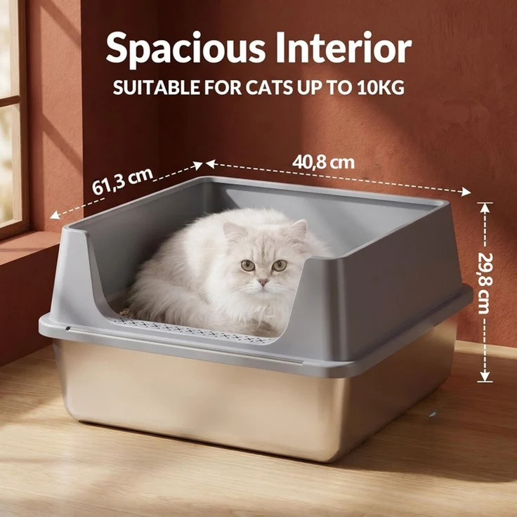 Halupeit Geschlossene Edelstahl-Katzentoilette in XXL-Größe, geräumiger Innenraum, hohe Wände verhindern das Verschütten von Streu, inklusive Schaufel, Hellgrau, 61.3 x 40.8 x 29.8 cm – Bild 4