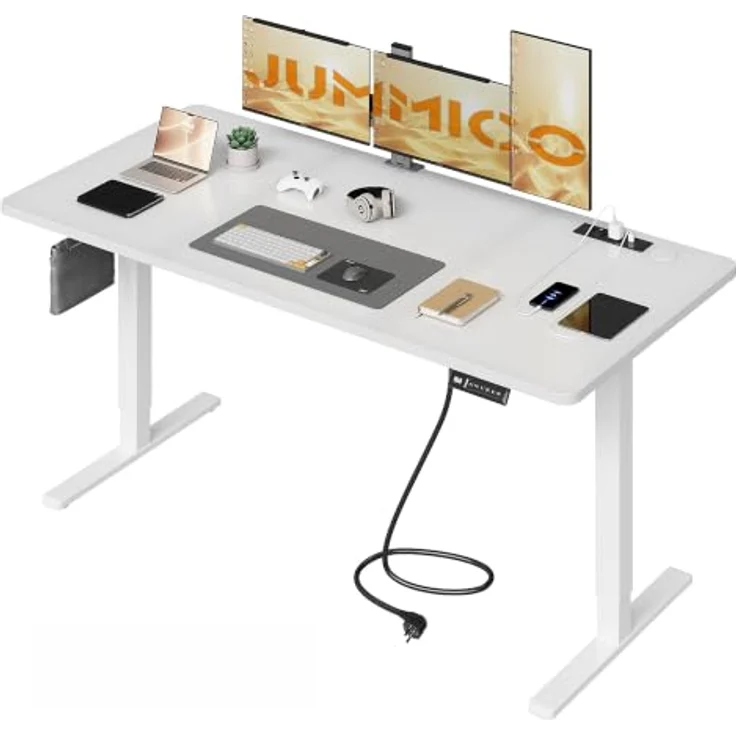 JUMMICO Höhenverstellbarer Schreibtisch 160x80 cm mit Steckdose | Schreibtisch Höhenverstellbar Elektrisch Stehtisch, Steh-Sitz Tisch, Bürotisch Computertisch, Wolkenweiß – Bild 1