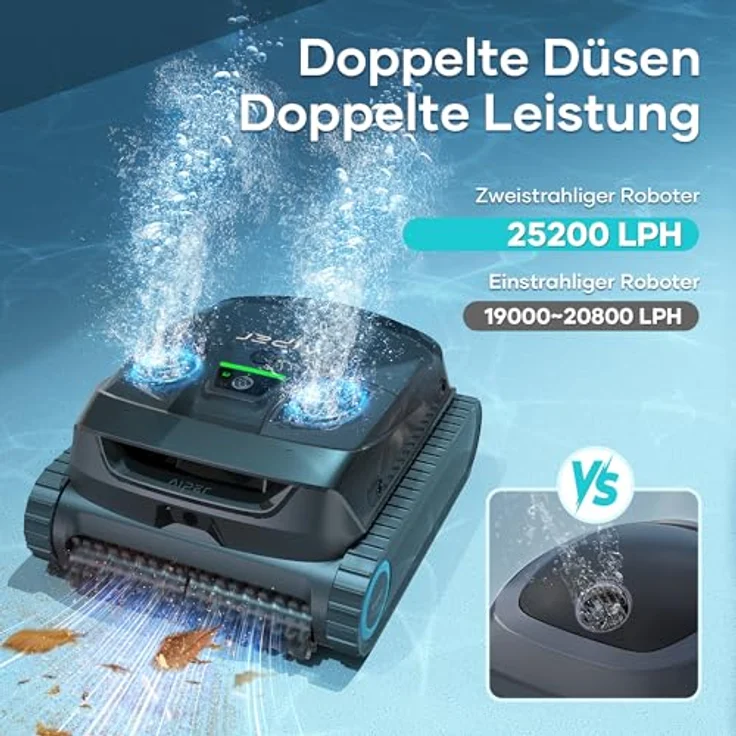 AIPER Scuba X1 Poolroboter mit App, 25200 LPH, Doppel-Auslass, 3 μm Ultra-Feinfiltersystem, Horizontale Wasserlinienreinigung, 4+1 Reinigungsmodi, Kabellose Ladestation, Ideal für Eingelassene Pools – Bild 2