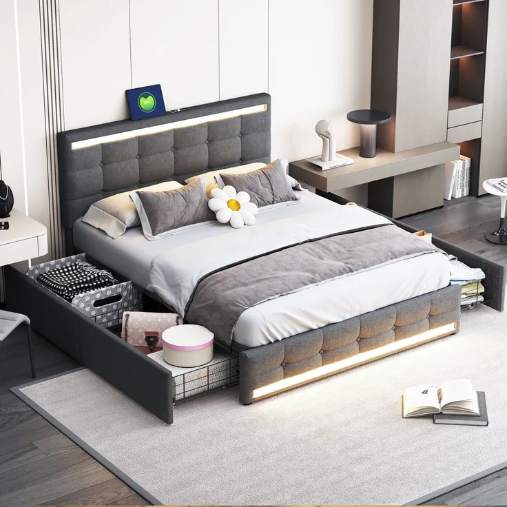 Polsterbett 140x200 cm LED Beleuchtung mit USB & Stauraum, modernes Doppelbett mit Leinenstoff Grau