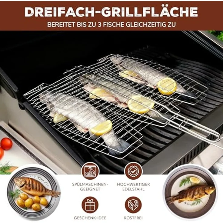 bremermann Grillguthalter Fischgriller 3fach // Edelstahl // ca. 65 x 39,5 cm // Fischbräter – Bild 2