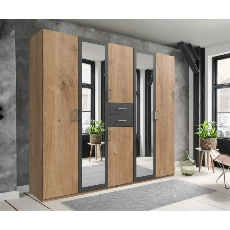 Drehtürenschrank Kleiderschrank 225cm Schubkästen Spiegel Eiche Dekor und Grafit – Bild 3