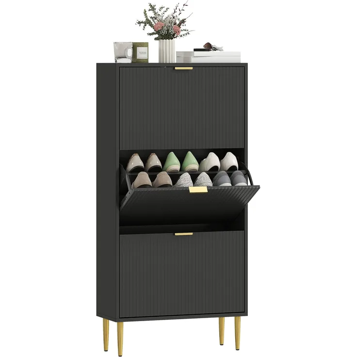 Schuhschrank für 18 Paar Schuhe mit 3 Klappschubladen, geriffelten Türen und verstellbaren Einlegeböden, 60 x 24 x 122,5 cm, schwarz