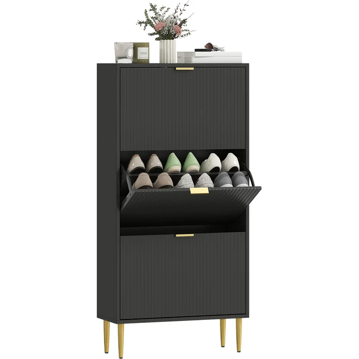 Schuhschrank für 18 Paar Schuhe mit 3 Klappschubladen, geriffelten Türen und verstellbaren Einlegeböden, 60 x 24 x 122,5 cm, schwarz – Bild 1
