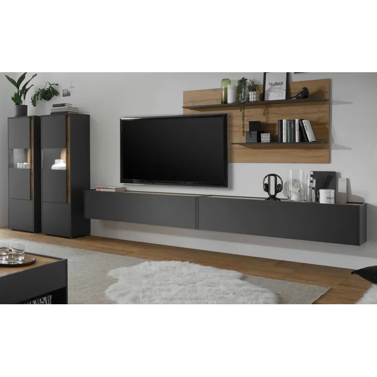 Wohnwand 5-teilig Center in grau matt und Eiche Wotan 440 x 180 cm