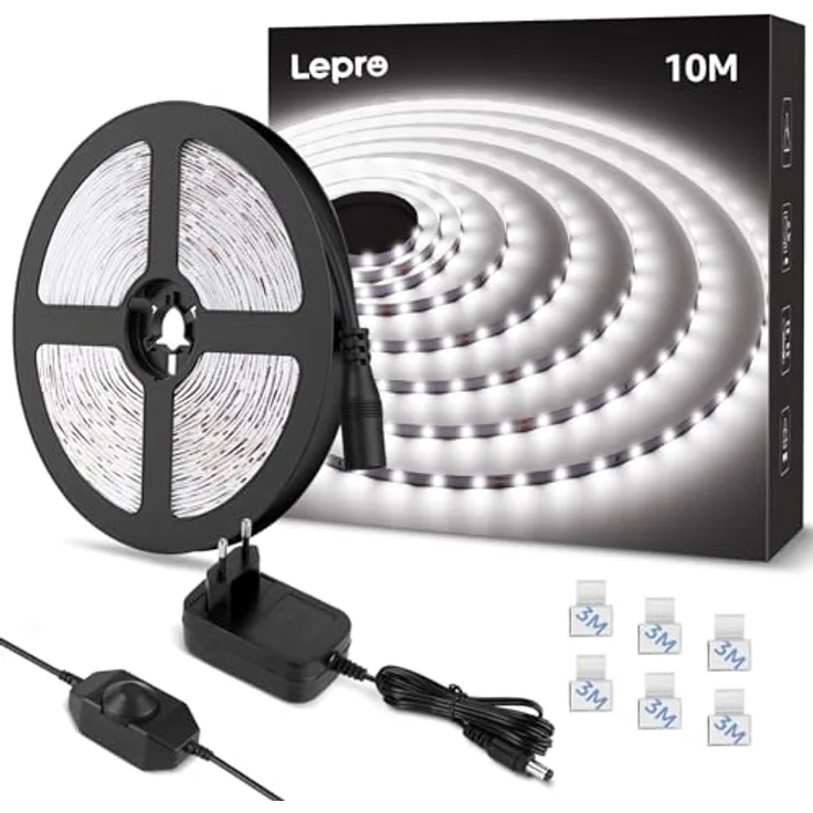 Lepro LED Strip 10M Kaltweiß, Dimmbarer LED Streifen 6000K, Selbstklebendes 2835 LED Band mit 420 LEDs, inkl. Netzteil für Innenräume und Deko