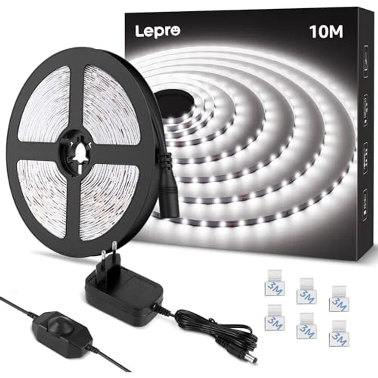 Lepro LED Strip 10M Kaltweiß, Dimmbarer LED Streifen 6000K, Selbstklebendes 2835 LED Band mit 420 LEDs, inkl. Netzteil für Innenräume und Deko – Bild 1