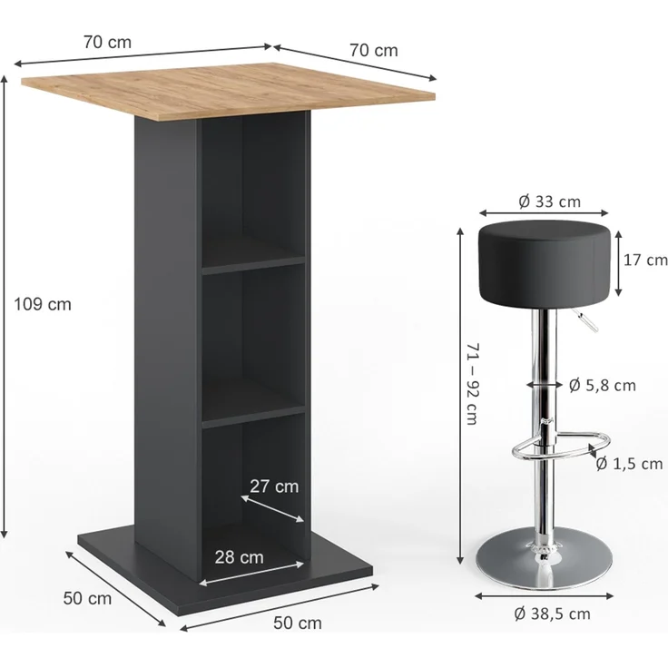 Bartisch-Set Rodeo Anthrazit 70 x 70 cm mit 2 Barhockern Vicco – Bild 3