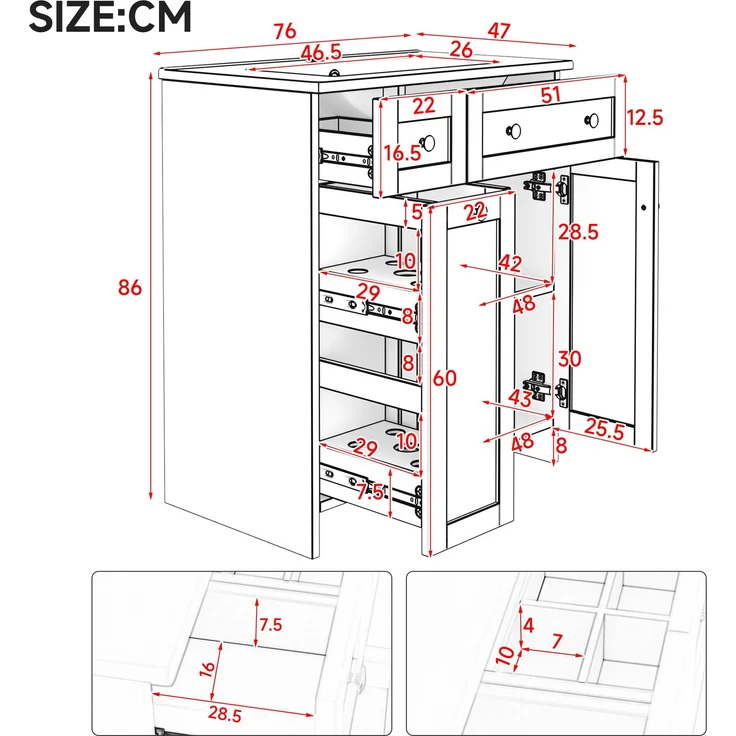76*47*86cm, freistehender Badezimmerwaschtisch, lackierte Oberfläche, auslaufsicheres Keramikbecken, 3 Schubladen und 1 Schrank, geräuscharme Auszugsschienen, silberne Griffe, weiß. – Bild 5