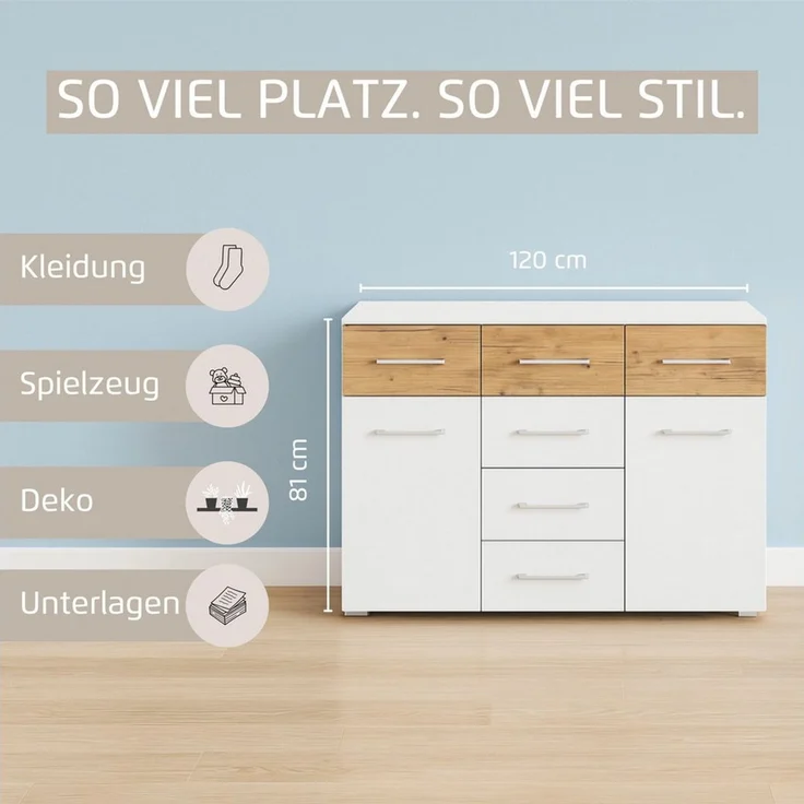 rauch Kombikommode Sideboard Kommode Schubladenkommode Türenkommode BOSTON-EXTRA (B/H/T: 120/81/42 cm), mit 6 geräumigen Schubladen, Einlegeböden verstellbar MADE IN GERMANY – Bild 3