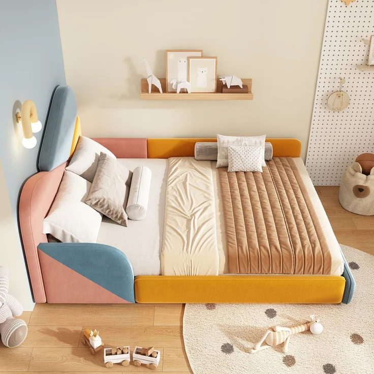 TavilaEcon Polsterbett Weiches Bodenbett mit gepolstertem Kopfteil & Fallschutz Blau+Pink+Orange Liegefläche 140 × 200 cm – Bild 3
