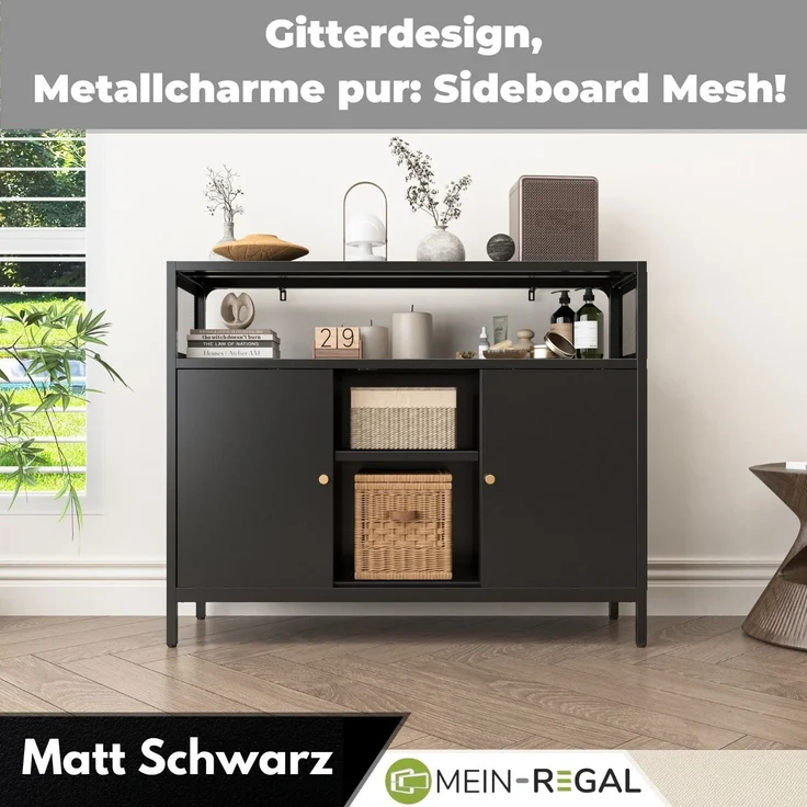 Mein-Regal Sideboard Mesh aus Metall mit Ablage und 2 Schiebetüren Schwarz – Bild 7