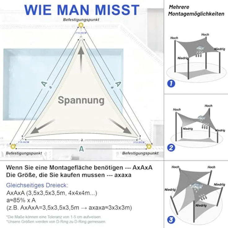 LOVE STORY Sonnensegel Wasserdicht 3 x 3 x 3 m Dreieckig PES Polyester Sonnenschutz Windschutz Balkon Terrasse 95% UV-Schut,für Balkon Garten,Cremeweiß – Bild 6