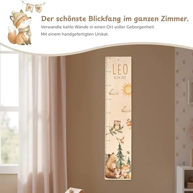 Kidsmood - Personalisierte Messlatte Kinder Aluverbund – Hochwertige Messleiste & Wand-Deko für Kinderzimmer mit liebevollem Fröhliche Waldtiere – Tolles Geschenk zur Geburt- (65-140cm) – Bild 3