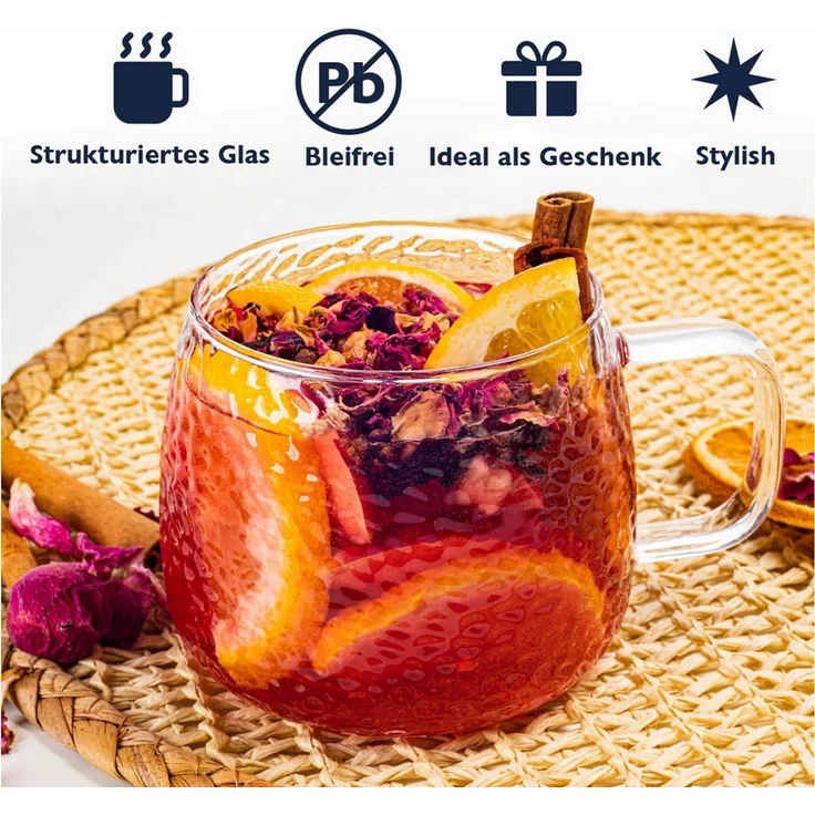 KONZEPT Teeglas mit Henkel 2/4-er Set, Teetasse 420 ml, Tassen Set aus Borosilikatglas, 4-tlg, ideal für Kaffee, Tee, Eiskaffee, Matcha, Kakao und heiße Schokolade – Bild 2