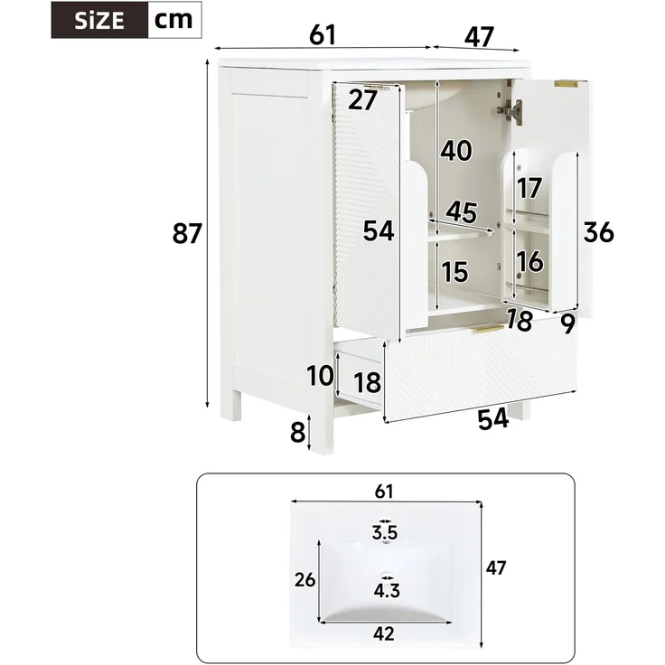 Freistehender Badschrank mit Keramikwaschbecken, 61 x 47 x 87 cm, MDF, Weiß, Wellenstruktur – Bild 5