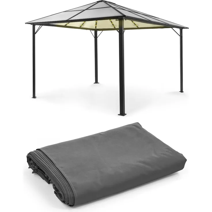 blumfeldt Pantheon Solid Sky Ambient Solar Pavillon, Komplett-Set, mit Seitenwänden, Material Gestell: Aluminium, Material Dach: Polycarbonat, mit Solar-Beleuchtung, Maße: ca. 3x4 m, hellgrau