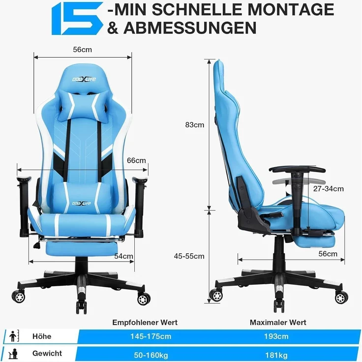 Gaming Stuhl mit 7 Punkt Massage Fußstütze Ergonomischer Bürostuhl Blau – Bild 3