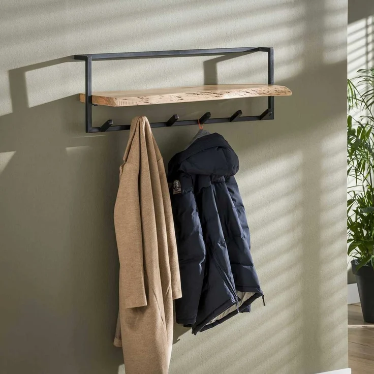 Garderobe Natredja aus Akazienholz, modern industriell, Natur, 6 Haken und Ablage – Bild 3