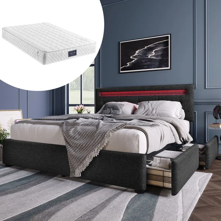 Einzelbett 140 × 200 cm mit LED-Beleuchtung, verstellbarem Kopfteil, 4 Schubladen, Leinenbezug in Schwarz, modernes Design,inklusive Matratze