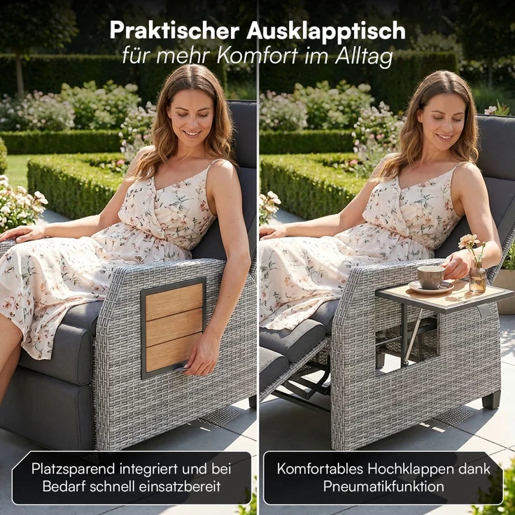 STEELSØN 'Caelum' Polyrattan Sessel mit Liegefunktion, grau-meliert/Akazie, verstellbare Rückenlehne, inkl. Polster, Ausklapptisch, wetterfest, 2er Set – Bild 3