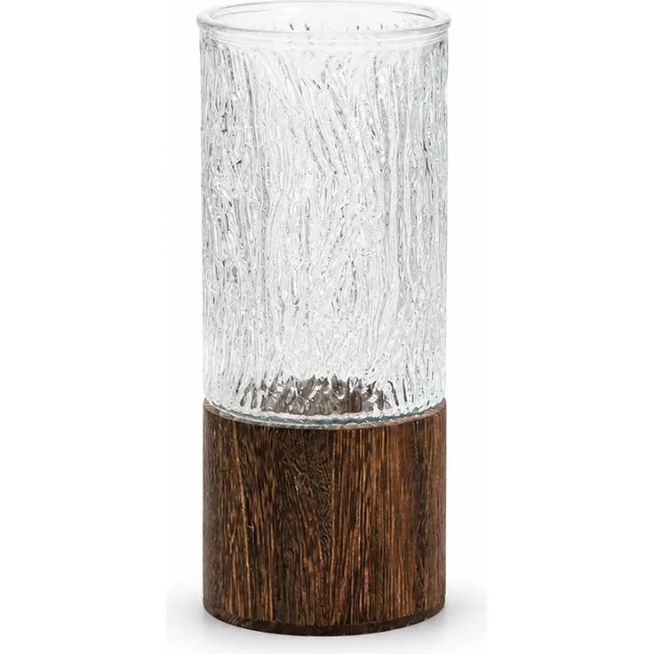Geriffelte Glasvase mit Holzsockel für Hydrokultur, Transparent, 10 x 10 x 25 cm