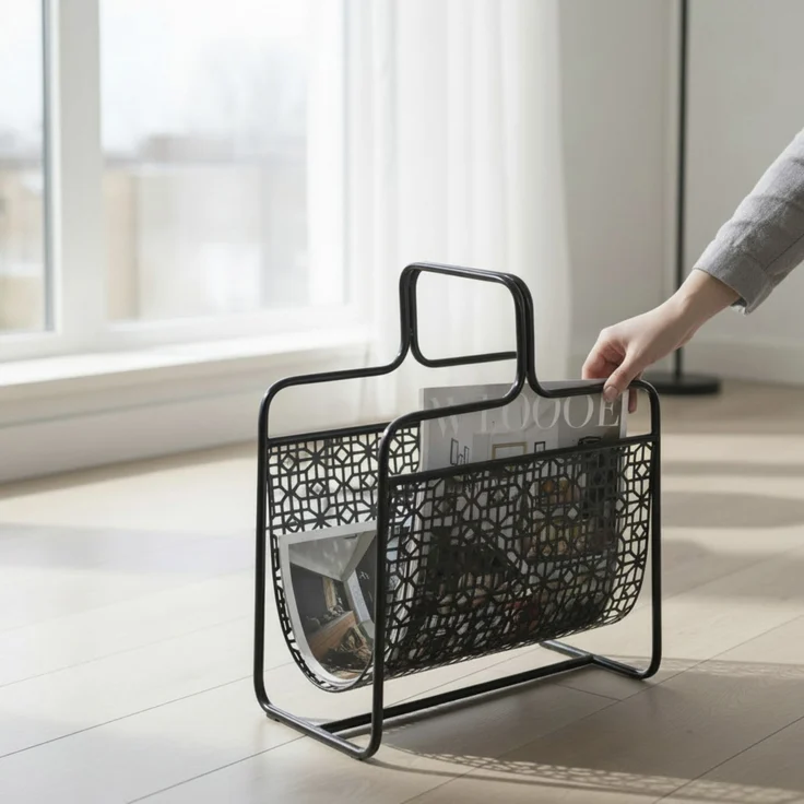 Haku Zeitungsständer aus Metall, schwarz lackiert, Art-Deco-Stil mit Bügelgriff, freistehend, belastbar bis 10 kg, 37x22x45 cm – Bild 2