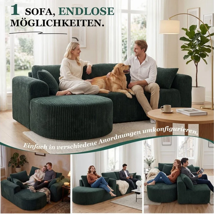 COMHOMA Sofa Ecksofa mit Schlaffunktion, Corduroy Modulares Boneless Couch, mit Chaiselongue, L-Form Schlafsofa, Sektionssofas mit Kissen & Seitentaschen – Bild 4