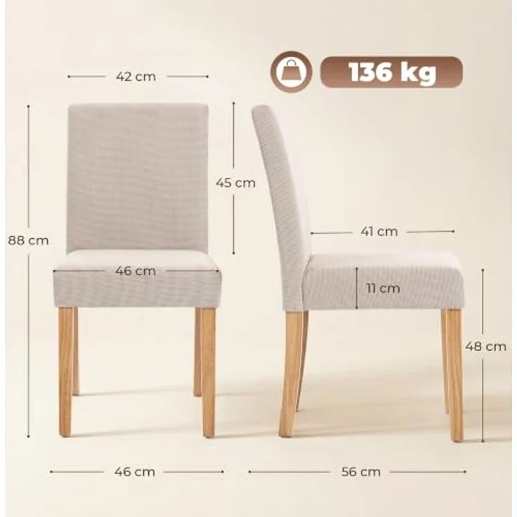 HOMCOM Esszimmerstühle 2er Set Rückenlehne Leinenoptik Essstuhl Cremeweiß | Küchenstuhl, Moderner Polsterstuhl, Kautschukholzbeinen, für Esstisch, Wohnzimmer, Esszimmer – Bild 3