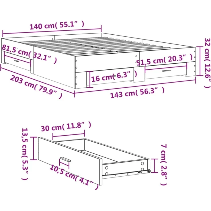 vidaXL Bettgestell mit Schubladen Betongrau 140x200 cm Holzwerkstoff 3280387 – Bild 9