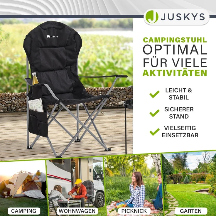 Juskys Campingstuhl Lido mit Getränkehalter & Tasche - Camping Klappstuhl gepolstert - Faltstuhl Angelstuhl Strandstuhl Chair - Stuhl Schwarz – Bild 2