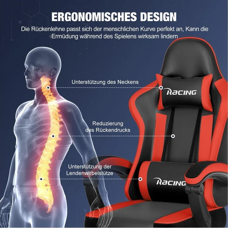 Hiazurm Gaming-Stuhl Gaming Stuhl Chair Gamer Sessel - Ergonomischer Gamer Stuhl (Tragkraft 150 Kg), Gamingstuhl mit Fußstütze Kopfstütze und Lordosenstütz PC Sessel – Bild 2