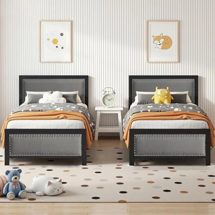 VECELO 2er-Set Polsterbett 90x200 cm mit Lattenrost, Einzelbett mit Leinen-Kopfteil und Nietenakzente, stabiles Metall-Bettgestell, geräuscharm, einfache Montage, Dunkelgrau