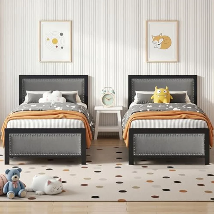 VECELO 2er-Set Polsterbett 90x200 cm mit Lattenrost, Einzelbett mit Leinen-Kopfteil und Nietenakzente, stabiles Metall-Bettgestell, geräuscharm, einfache Montage, Dunkelgrau – Bild 1
