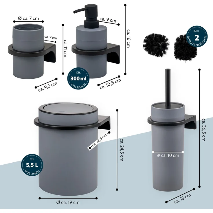bremermann Bad-Accessoires Set SAVONA 4tlg. bestehend aus 1x Seifenspender, 1x Becher, 1x WC-Garnitur, 1x Kosmetikeimer aus Kunststoff in Grau – Bild 7