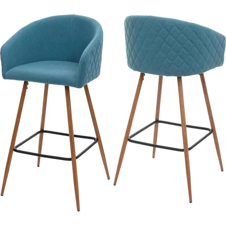 2er-Set Barhocker HWC-D72, Barstuhl Tresenhocker Küchenhocker mit Lehne, Metall Holzoptik ~ Stoff/Textil, türkis