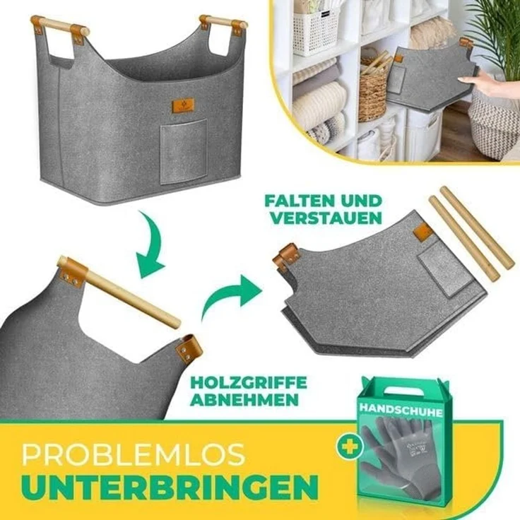 KESSER® Brennholzkorb | Kaminholztasche extra dicker Filz | Feuerholzkorb faltbar mit verstärkten Holzgriffen | Aufbewahrungskorb für Holz, Zeitung oder Brennholz | Inkl. Arbeitshandschuhen Grau, 60 Liter – Bild 5