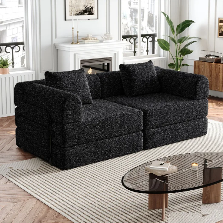 Schlafsofa mit Ablagefach & Stahlrahmen, wandelbarer Einzelsitz Sofa Bett mit rutschfester Unterlage,2-Sitzer,Schwarz