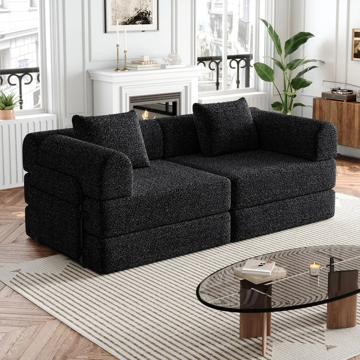 Schlafsofa mit Ablagefach & Stahlrahmen, wandelbarer Einzelsitz Sofa Bett mit rutschfester Unterlage,2-Sitzer,Schwarz – Bild 1