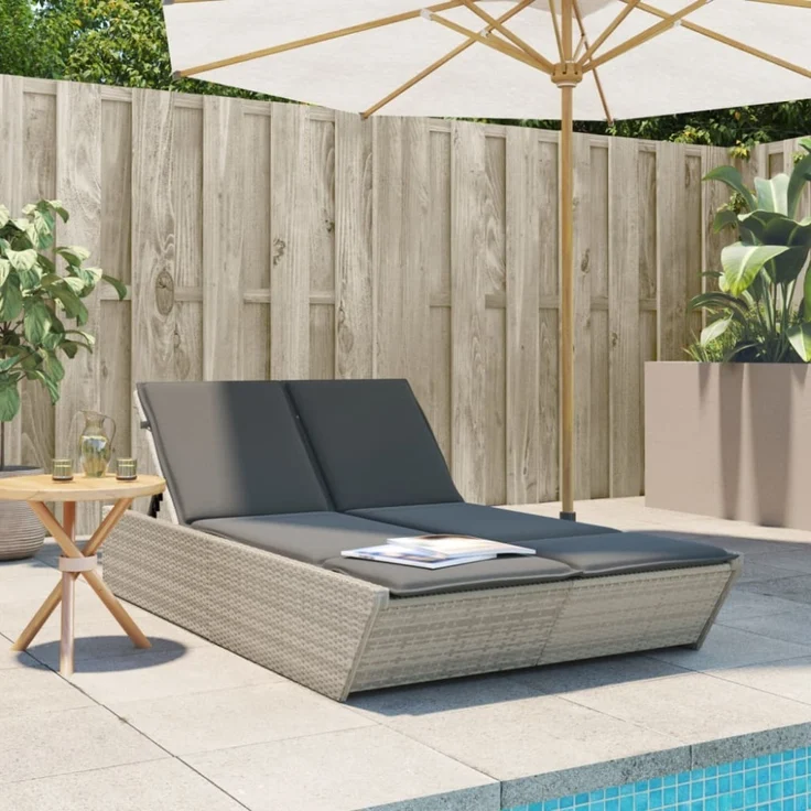 vidaXL Doppel-Sonnenliege mit Kissen Hellgrau Poly Rattan 368184 – Bild 1