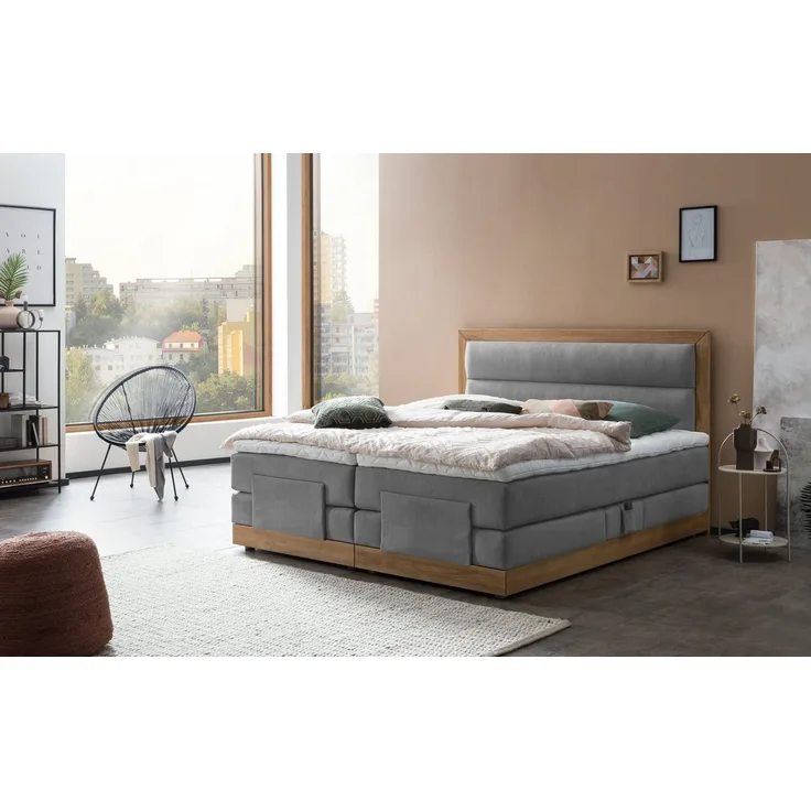 Belanoti Boxspringbett MODELA (Boxspringbett 180x200 elektrisch verstellbar Bett 180x200 mit Motor, 7-Zonen Taschenfederkern Matratze inklusive Visco Topper), in der Farbe Hellgrau H2/H3 Polsterbett Motorbett mit Eiche