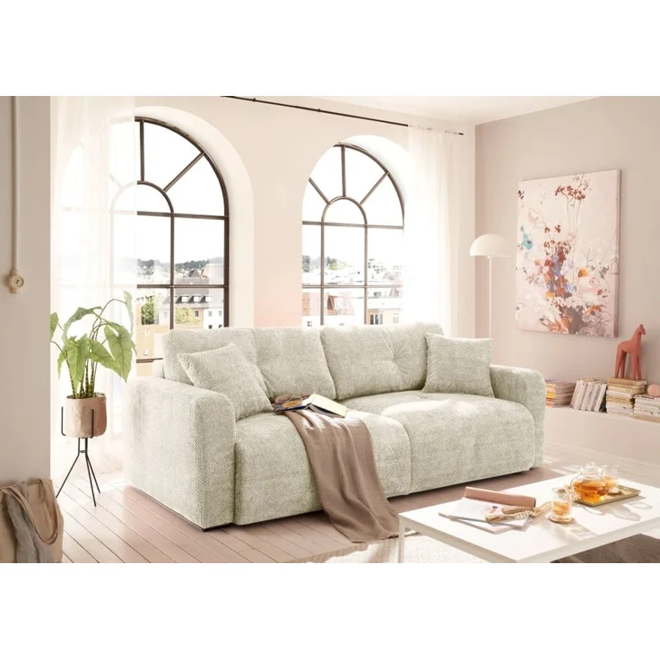 Schlafsofa Bullet von ED Exciting Design – Komfortables Mikrofaser-Sofa mit Nosagfederung Farbe Ivory, Bettkasten und Liftbeschlag – Bild 1