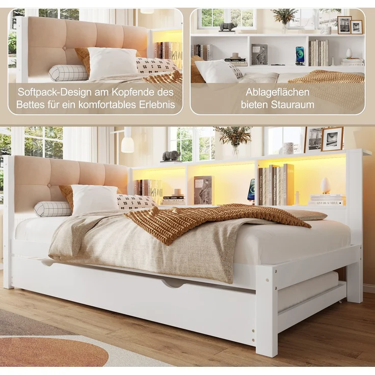 Merax Daybett, Tagesbett, Schlafsofa, 90x200cm, Einzelbett(Ohne Matratze), mit ausziehbarem Bett, mit dimmbarer LED-Leiste, mit praktischem Regal, mit USB-Anschluss, 90x200cm, Kiefernholz, Weiß – Bild 6