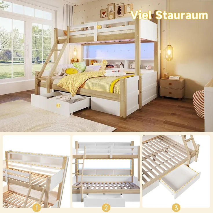 Etagenbett mit 2 Liegeflächen, LED-Beleuchtung, Schubladen, Regal, Rausfallschutz, Lattenrost, 90x200cm/140x200cm, Kinderbett, Massivholz – Bild 6