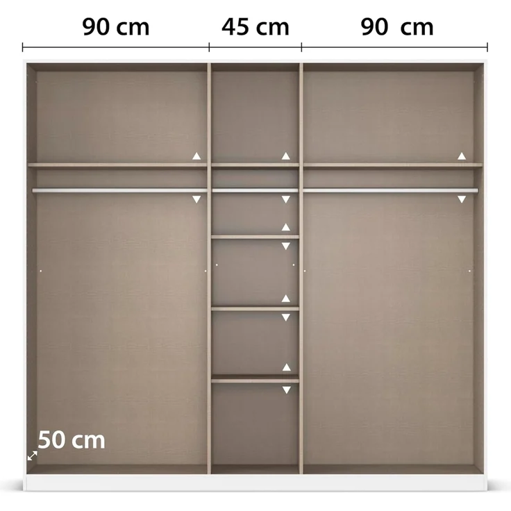 Rauch Möbel Alabama, Kleiderschrank, Garderobenschrank, 5-türig, Spiegel, Zubehör Classic, 3 Kleiderstangen, 9 Einlegeböden, Farbe Hochglanz Weiß/Eiche Artisan, Holz, Griff Grau metallic, 226 x 229 x 54 cm – Bild 7